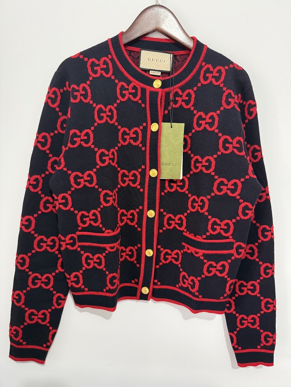 Gucci Navy and Red GG Jacquard Wool Cardigan